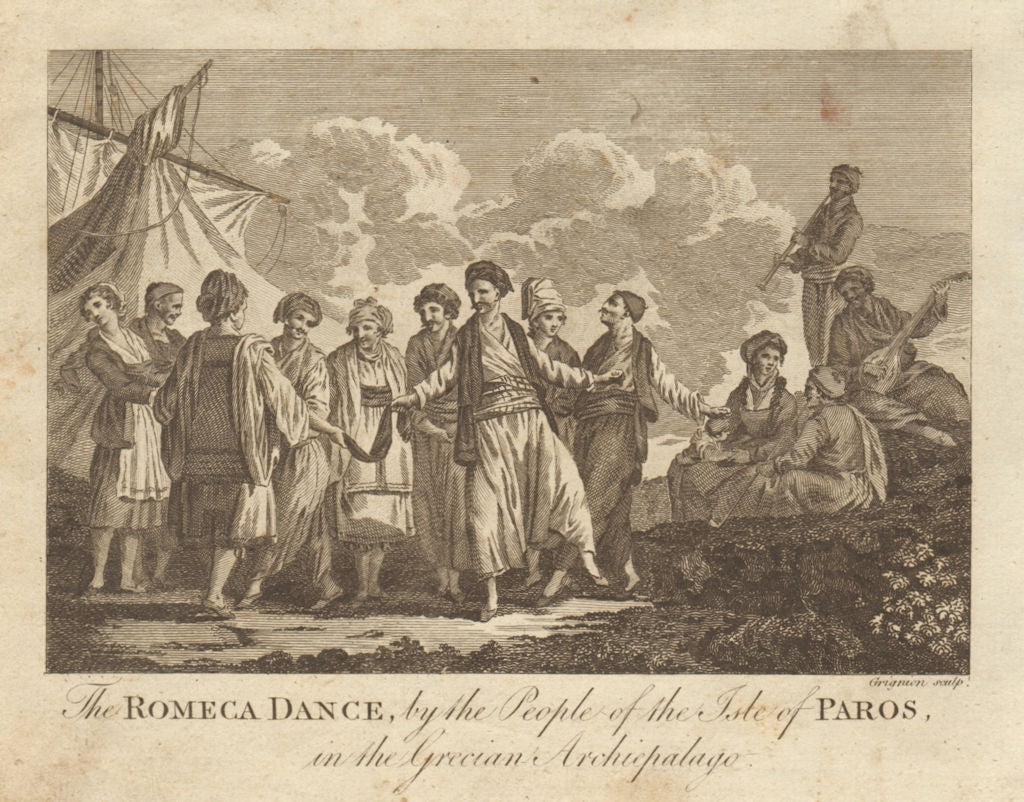 The Romeca dance by the people of Paros island. Cyclades. Greece. BANKES 1789